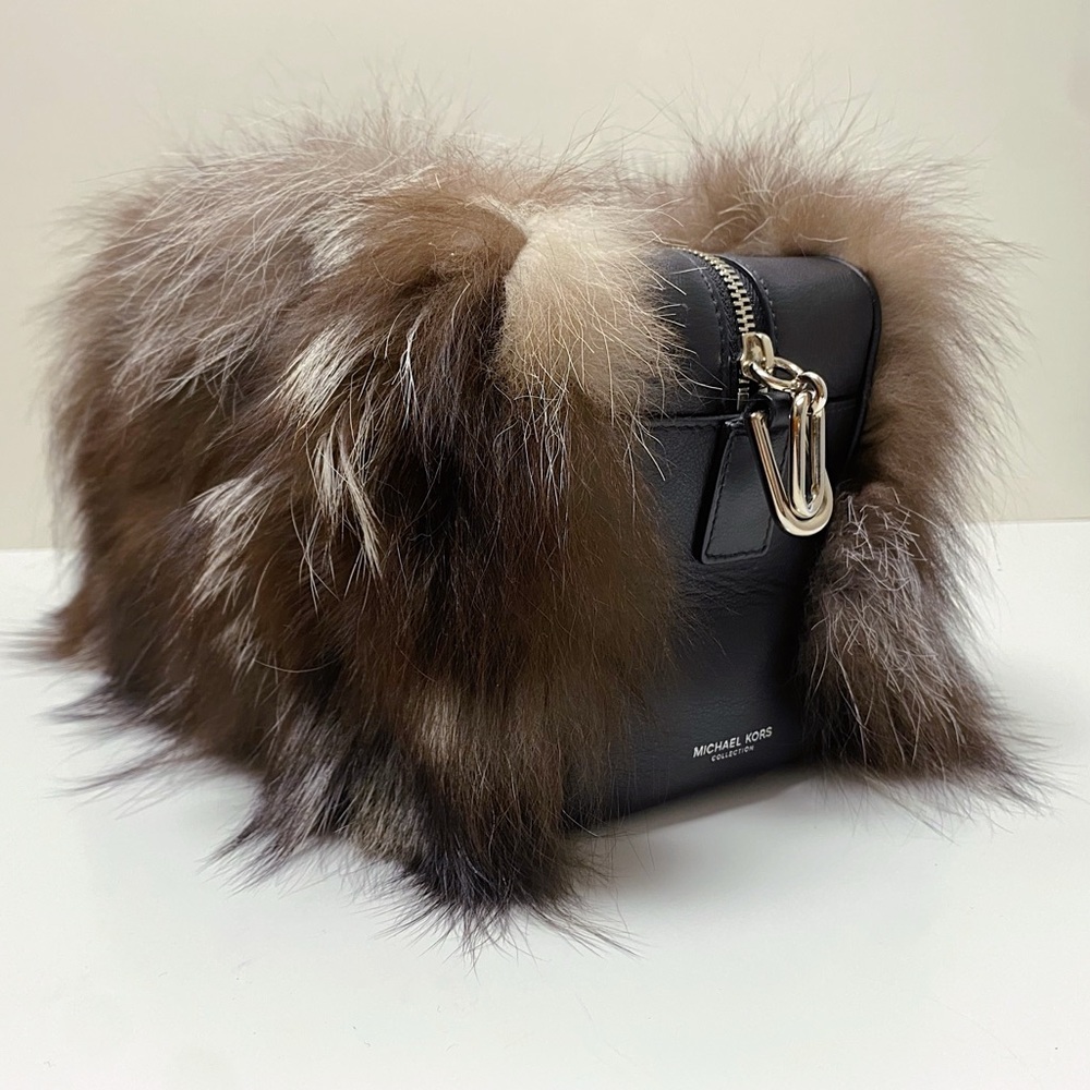 Michael Kors Collection Black Leather White Brown Fox Fur Pouch Clutch Bag Italy